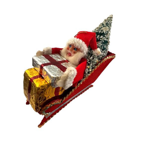 Vintage Red Chenille Santa Sleigh W/ Presents & Bottle Brush Tree Holiday Decor - Picture 3 of 7